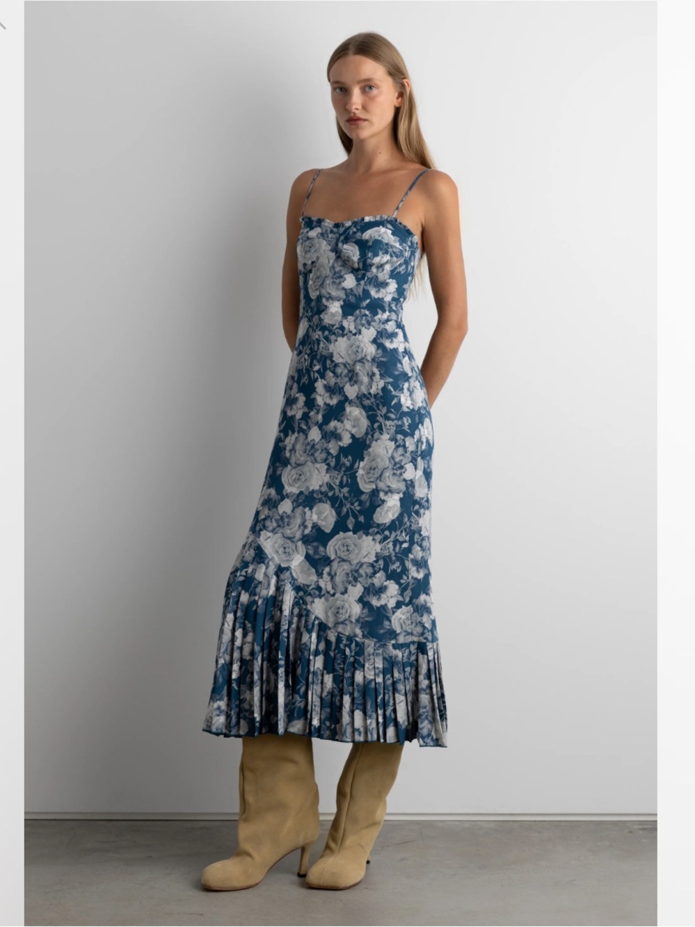 OAK + FORT Blue and White Floral Midi Slip Dress